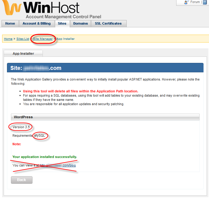 Winhost App Installer WordPress Install Success Message