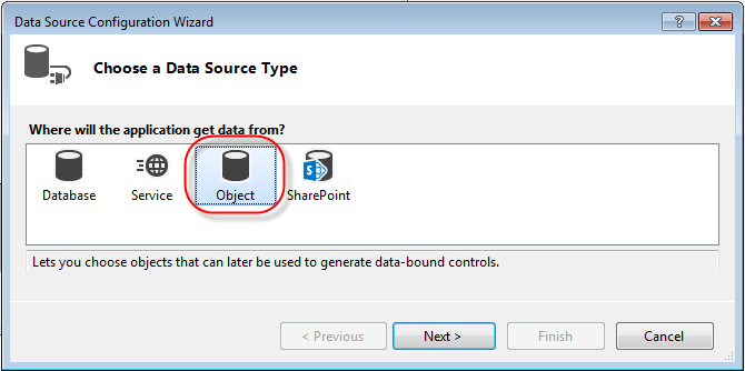 Visual Studio DataGridview Binding Data Source properties choose data source type