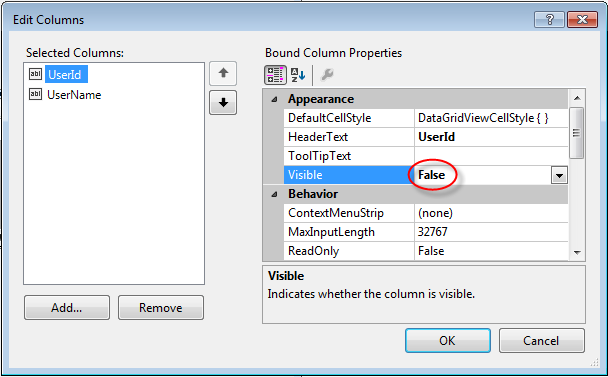 Visual Studio DataGridview Column visibility