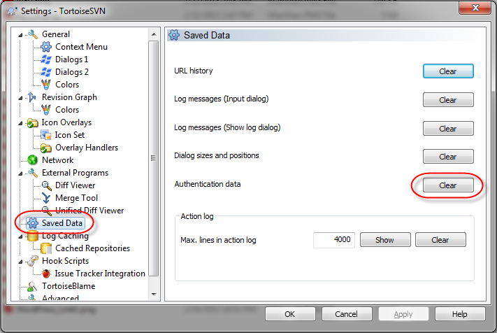 TortoiseSVN Settings Clear Authentication data