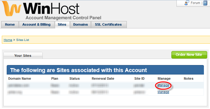 Winhost Sites Manage Link