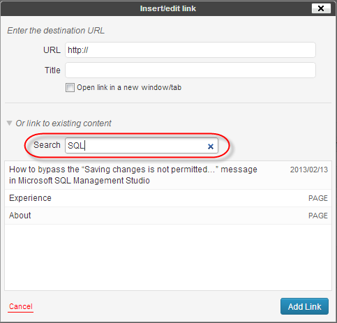 WordPress Link Dialog Search