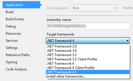 Visual Studio Application Target Framework