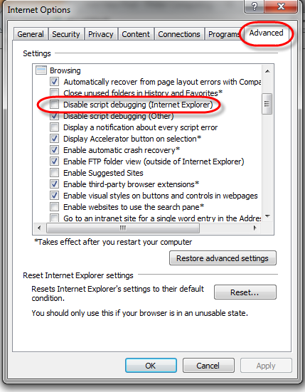 internet explorer debug enabled