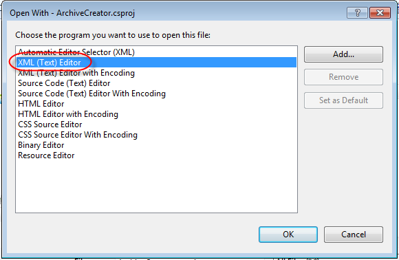 visual studio open with XML