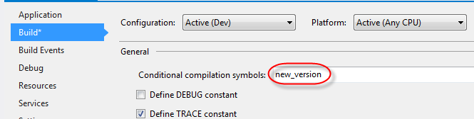 visual studio conditional compilation symbol in project