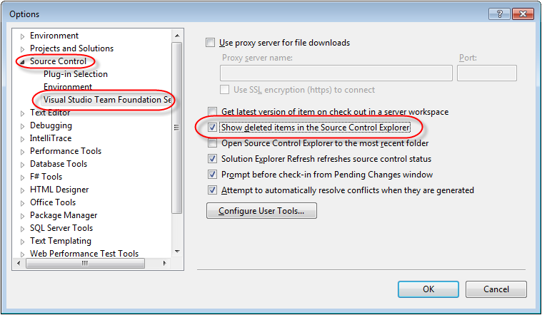 visual studio tfs show deleted items in source control explorer