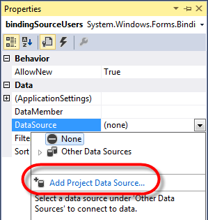 Visual Studio DataGridview Binding DatSource properties select data source