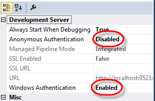 Visual Studio IIS Express Windows Authentication Properties Window